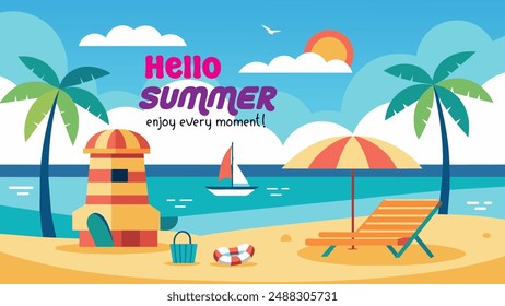 Summer beach scene banner design background