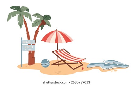 Summer beach scene banner design background. Travel Resort Vacation Concept Vector Illustration