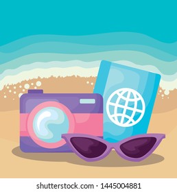 summer beach scene with camera and passport