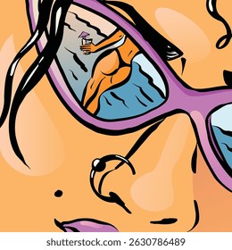 Escena de playa de verano. Cara en gafas de sol con reflejo en una playa. Reflejo sexy en gafas de sol. Ilustración de verano. Ilustración sobre vacaciones