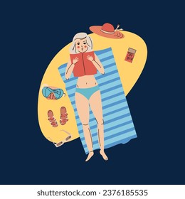 Summer beach scene, flat cartoon vector illustration. Girl lying on towel on beach or seashore and sunbathing, reading book. Straw hat, spf stick, flip flops, sunglasses and swimming mask on the sand.