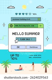 Summer beach scene illustration with retro cartoon style