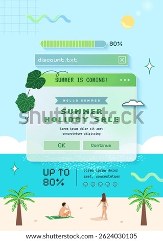 Summer beach scene illustration with retro cartoon style