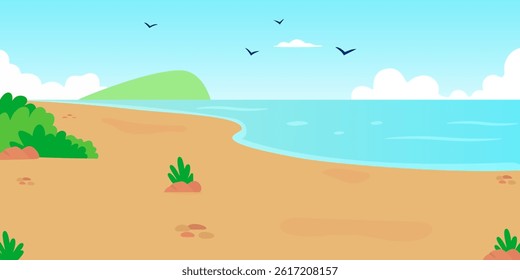 Summer beach scene with ocean waves, green hills, bushes, and birds flying in the sky under a sunny blue atmosphere. Vector illustration.