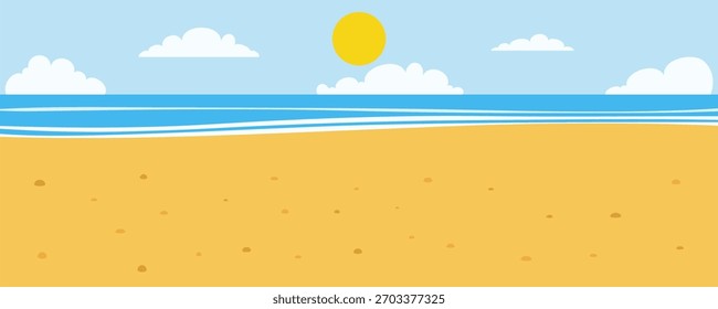 Cena de praia de verão com ondas do oceano areia e sol no céu azul. Paisagem tropical litoral. Plano de fundo do banner de férias. Ilustração vetorial editável.