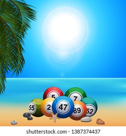 Summer Beach Scene With Palm Tree Bingo Lotto Balls Starfish and Pebbles on the Sand Over Blue Sunny Sky Background