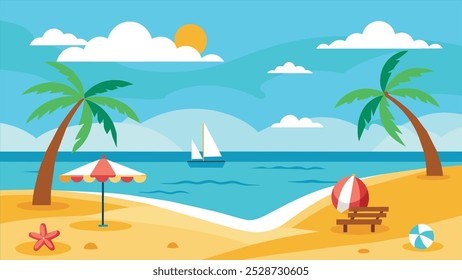 Summer Beach Scene with Palm Trees, Sun, and Sailboat