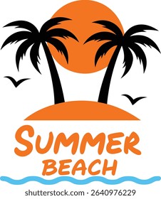 Summer beach scene with palm trees and silhouette person
