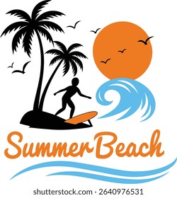 Summer beach scene with palm trees and silhouette person