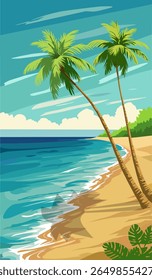 Summer Beach scene. Summer Beach with the Palm Trees. Summer Beach, Vector Design Illustration for Decoration, Banner and others.