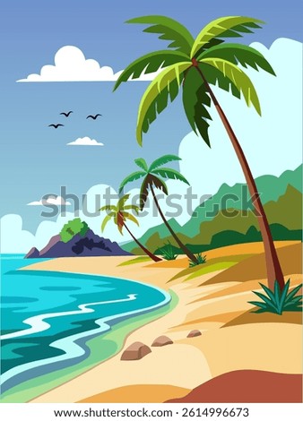 Summer beach scene with palm trees. Blue sky the middle of the summer. Design Vector Illustration