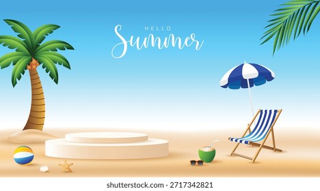 Summer beach scene with podium display, palm trees, deck chair, umbrella, coconut drink and clear blue sky. Tropical background for product presentation.
