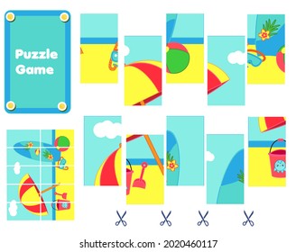 Summer beach scene Puzzle for toddlers. Match pieces and complete the picture. Educational children game, kids activity page