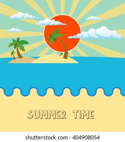Summer beach scene: sun, clouds in the sky, palms. Flat style