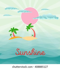 Summer beach scene: sun, clouds in the sky, palms, abstract waves of the sea.