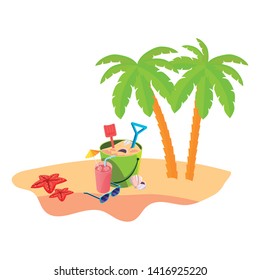 summer beach scene with tree palms and sand bucket