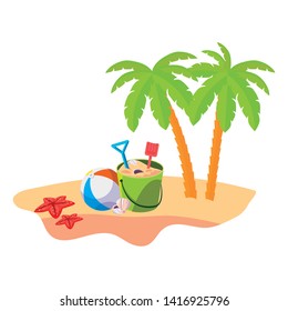 summer beach scene with tree palms and sand bucket