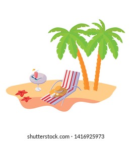 summer beach scene with tree palms and chair