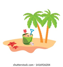 summer beach scene with tree palms and sand bucket