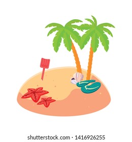 summer beach scene with tree palms and starfish