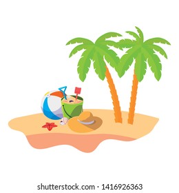 summer beach scene with tree palms and balloon toy