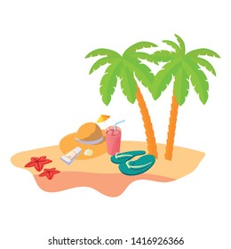 summer beach scene with tree palms and straw hat