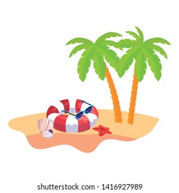 summer beach scene with tree palms and float