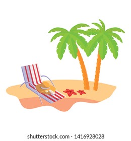 summer beach scene with tree palms and chair