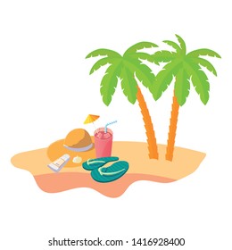 summer beach scene with tree palms and straw hat