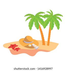 summer beach scene with tree palms and straw hat