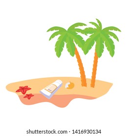 summer beach scene with tree palms and blocker bottle