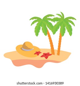 summer beach scene with tree palms and straw hat