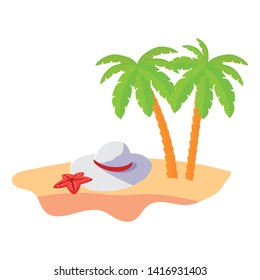 summer beach scene with tree palms and female hat