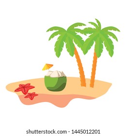 summer beach scene with tree palms and coconut cocktail