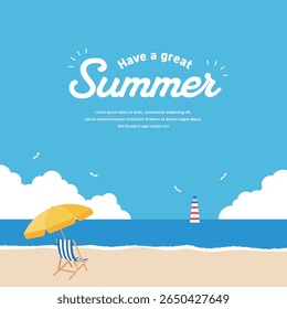 Summer beach scene with umbrella, deck chair, blue sea, striped lighthouse, and seagulls under sunny sky. Perfect for vacation, travel, or seasonal designs.