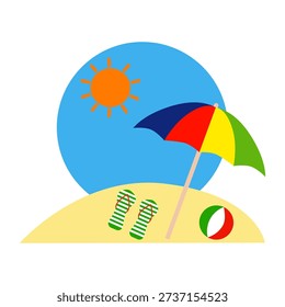 Summer beach scene with beach umbrella, flip-flops, and a beach ball on a sandy beach.