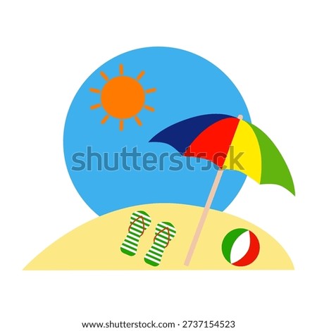 Summer beach scene with beach umbrella, flip-flops, and a beach ball on a sandy beach.