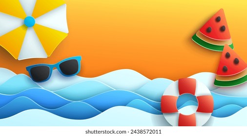 Escena de playa de verano con paraguas de playa, salvavidas, gafas de sol y rebanadas de sandía sobre un fondo azul claro del cielo. Ideal para campañas de marketing de verano. Ilustración vectorial.