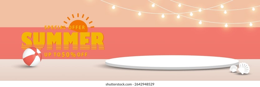 Summer beach scene with white base for product advertising, on abstract sky colors background. Vector illustration.