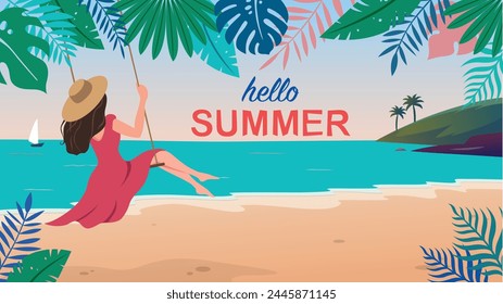 Summer beach scene. Woman enjoying swings on a swing on the beach vector illustration.