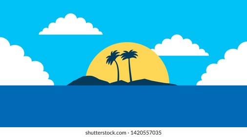 Summer and beach scenery island and sun cartoons vector editable image