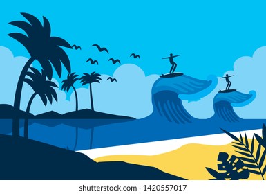 Summer and beach scenery surfing waves in sunny day cartoons vector editable image