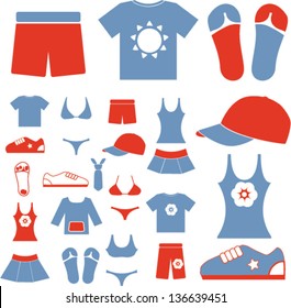 summer beach, sea clothes, dress icons, signs set, vectro