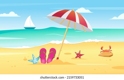 Summer beach, sea coast scene with umbrella, flip flops, crab, ship, starfish, Flat vector illustration, landscape 