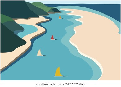 summer beach, sea coastline, boat sailing, aquamarine ocean, relax blue water, vector art illustration