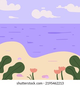 Ilustración de la playa de verano y de la llanura marina