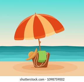Summer beach sea holiday vector colorful illustration. Hot sunny day vacation background with parasol and lounge on ocean shore. Paradise design for advertising, web, banners. 
