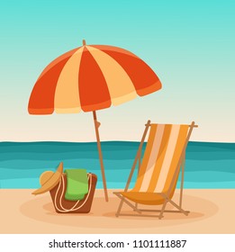 Summer beach sea holiday vector colorful illustration. Hot sunny day vacation background with parasol and lounge on ocean shore. Paradise design for advertising, web, banners. 