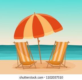Summer beach sea holiday vector colorful illustration. Hot sunny day vacation background with parasol and lounge on ocean shore. Paradise design for advertising, web, banners. 