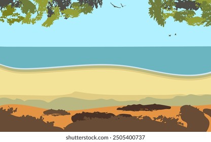 Summer beach sea landscape vector background illustration seasonal holiday nature scene colorful trees sand water sky birds retro style wallpaper banner cover